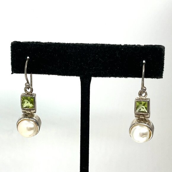 VINTAGE STERLING 925 PEARL GREEN STONES EARRINGS SIGNED NF THAILAND MODERNIST - Picture 3 of 12